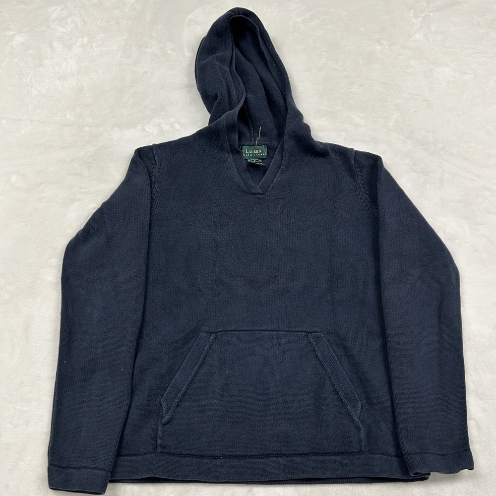 Lauren Ralph Lauren Knit Hoodie Womens Small Navy Blue V-Neck Cotton Sweater
